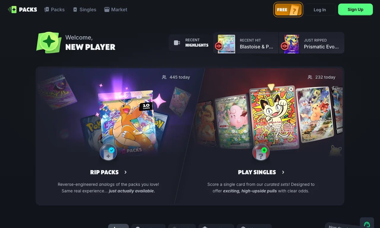 Packs.comのトップページ。デジタルでパックを開封する導線が並んでいる