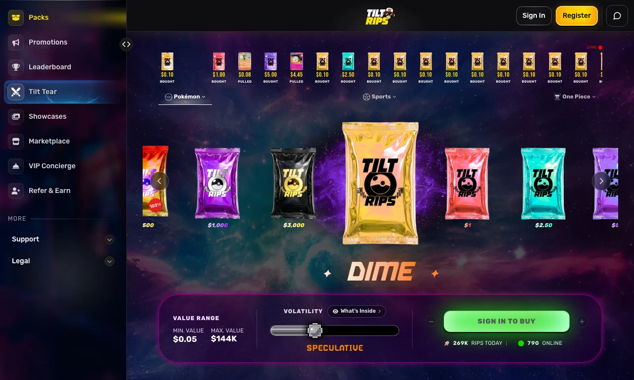Tilt Ripsのパック一覧。1パックあたりの価格と、当たりうる価値の幅が表示されている