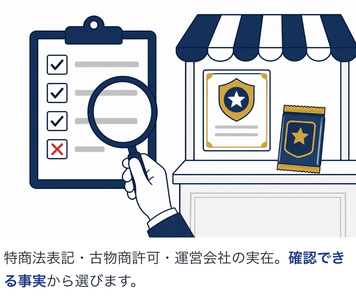 特商法表記や古物商許可をチェックリストで確認する様子を示したイラスト