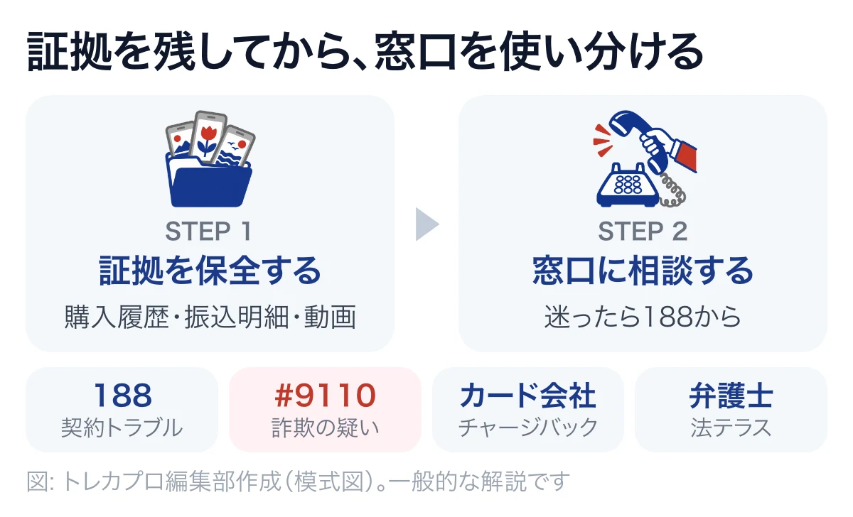 証拠の保全を起点に、消費者ホットライン188・警察相談専用#9110・カード会社のチャージバック・弁護士や法テラスを被害の種類で使い分ける流れを示した図