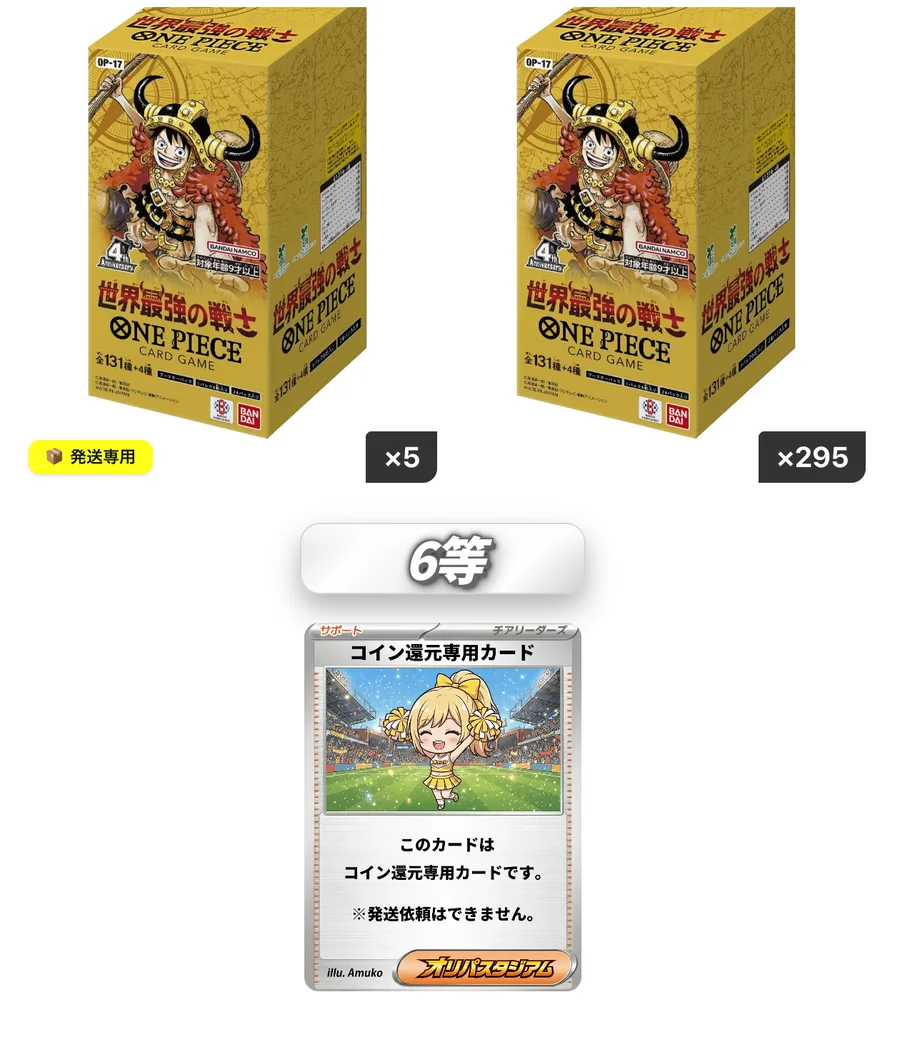 オリパスタジアム ガチャの1等ボックスと6等のコイン還元専用カード