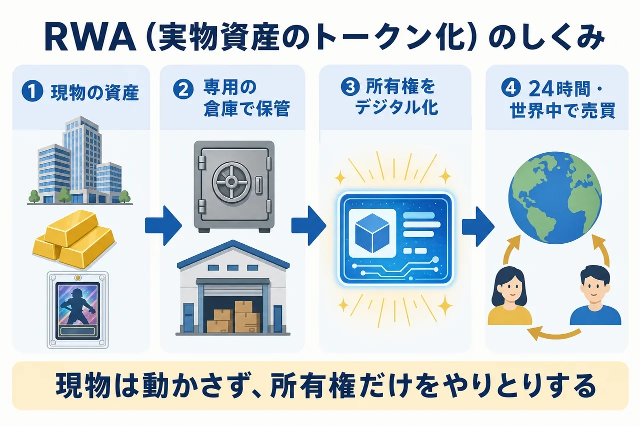 RWA(実物資産のトークン化)のしくみを4ステップで示す図
