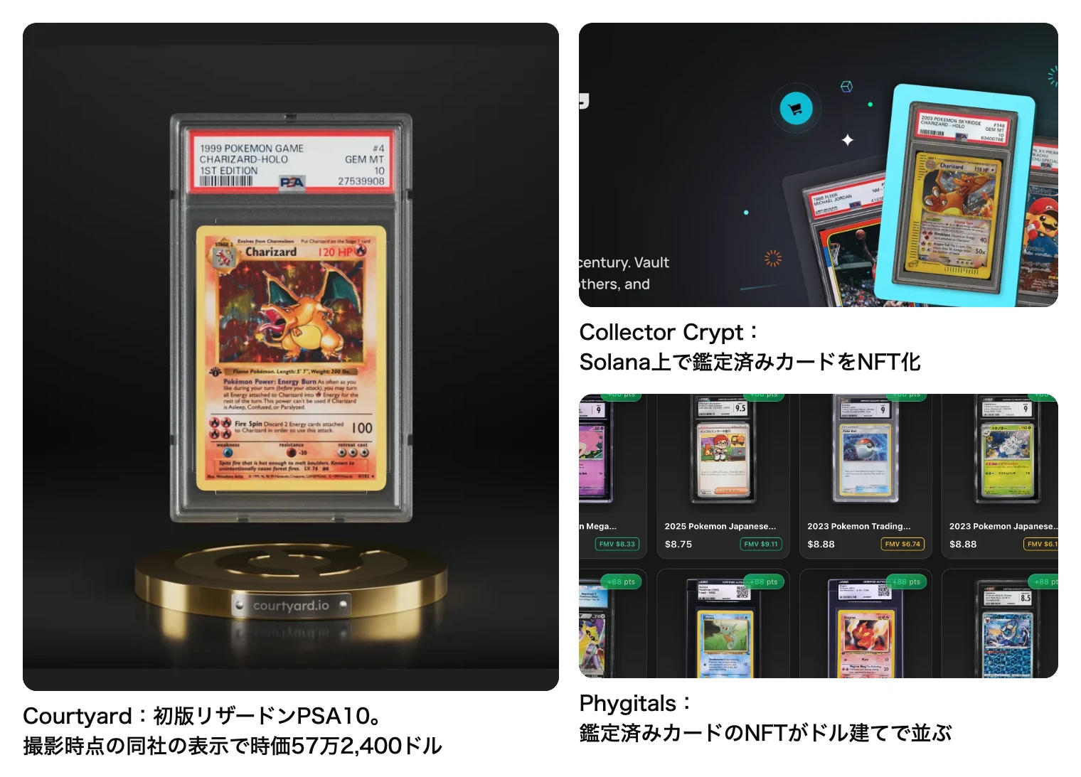 トークン化されたトレカの例。Courtyardの初版リザードンPSA10、Collector Crypt、Phygitalsのマーケットプレイス