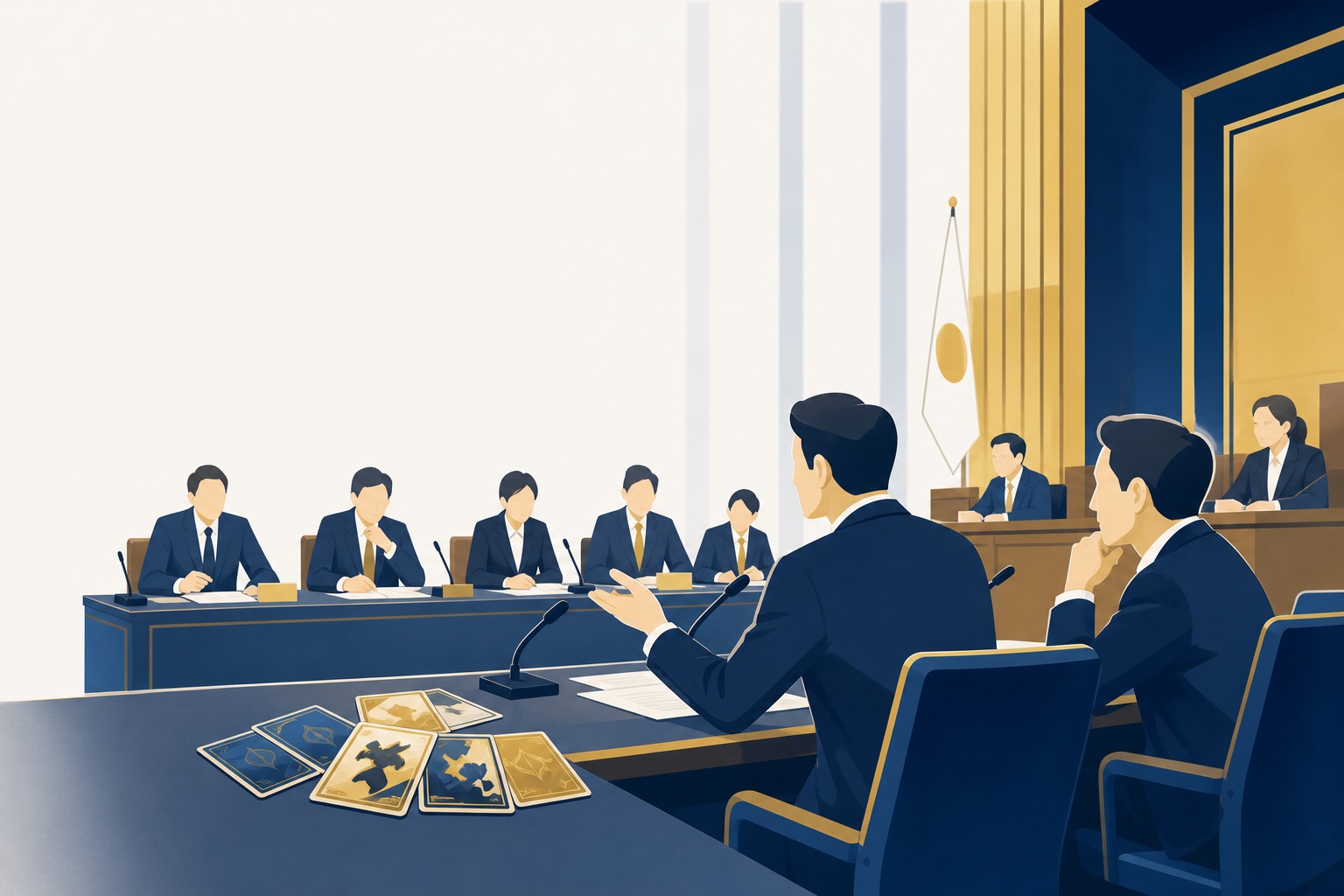 国会の会議室で議員たちがトレーディングカードを前に議論するイラスト